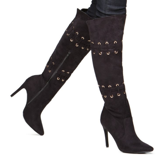 Calliah Heeled Boots Bn Black With Gold Grommets - Picture 3 of 6
